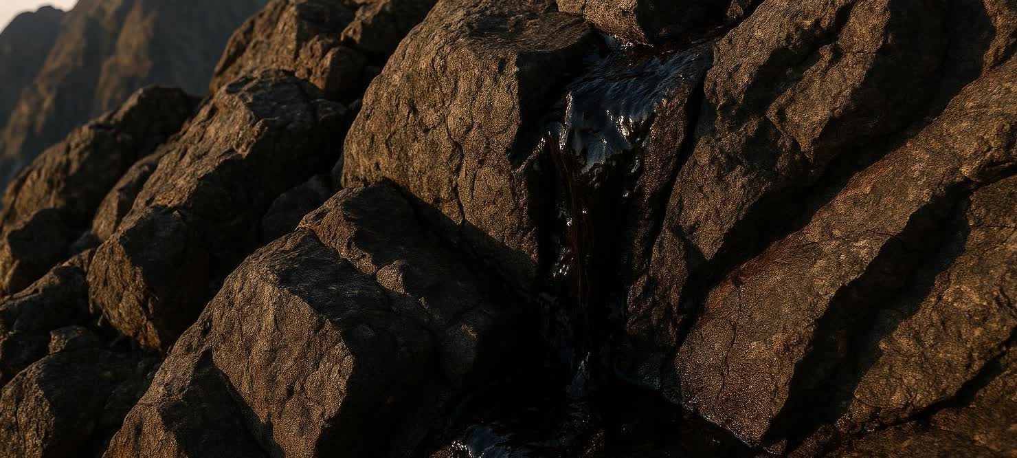 Dark natural shilajit resin seeping from mountain rocks, illuminated by golden sunlight.