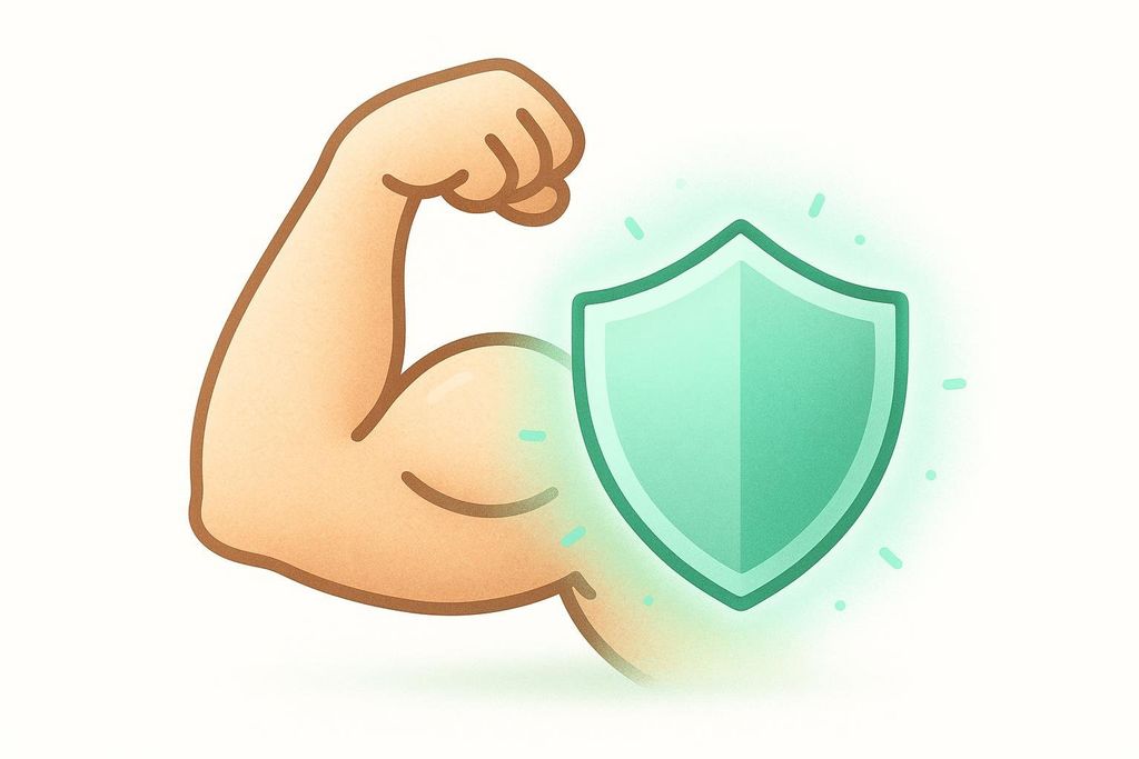 An icon with a flexed bicep on the left and a green shield on the right, glowing brightly. The image symbolizes a concept of muscle protection, likely related to nutrition or fitness.