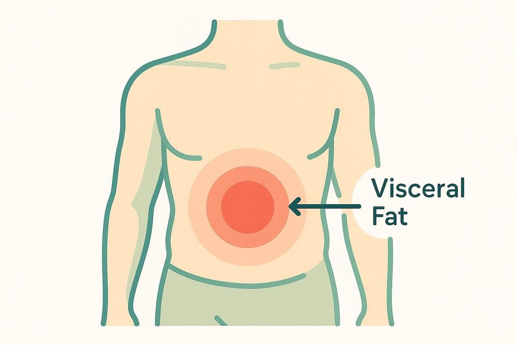 A diagram illustrating the location of visceral fat within the human torso. An arrow points to the abdominal area, which is highlighted with concentric red and orange circles to indicate the internal fat, labeled 'Visceral Fat'.