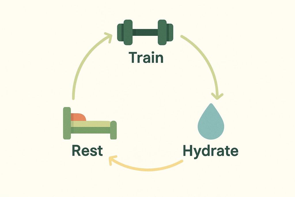 Circular flow diagram showing the cycle of train, hydrate, and rest