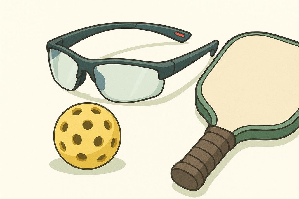 An illustration showing a pair of dark-framed safety glasses, a yellow pickleball with holes, and a pickleball paddle. The items are arranged to suggest the importance of eye protection in the sport.