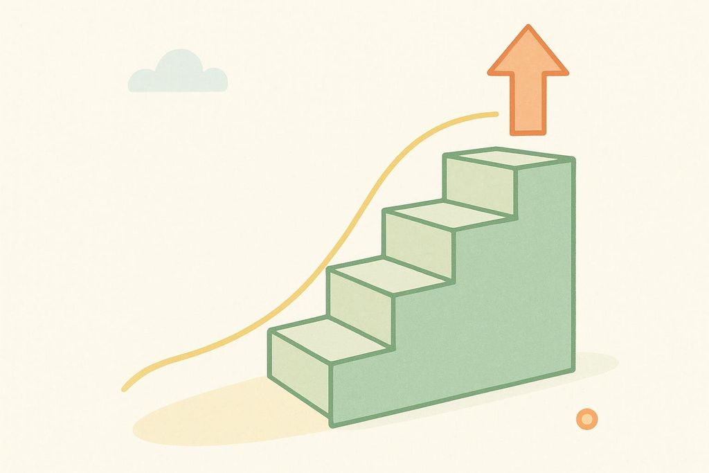 Illustration of a staircase with an upward arrow, representing the concept of Mounjaro dose escalation over time.