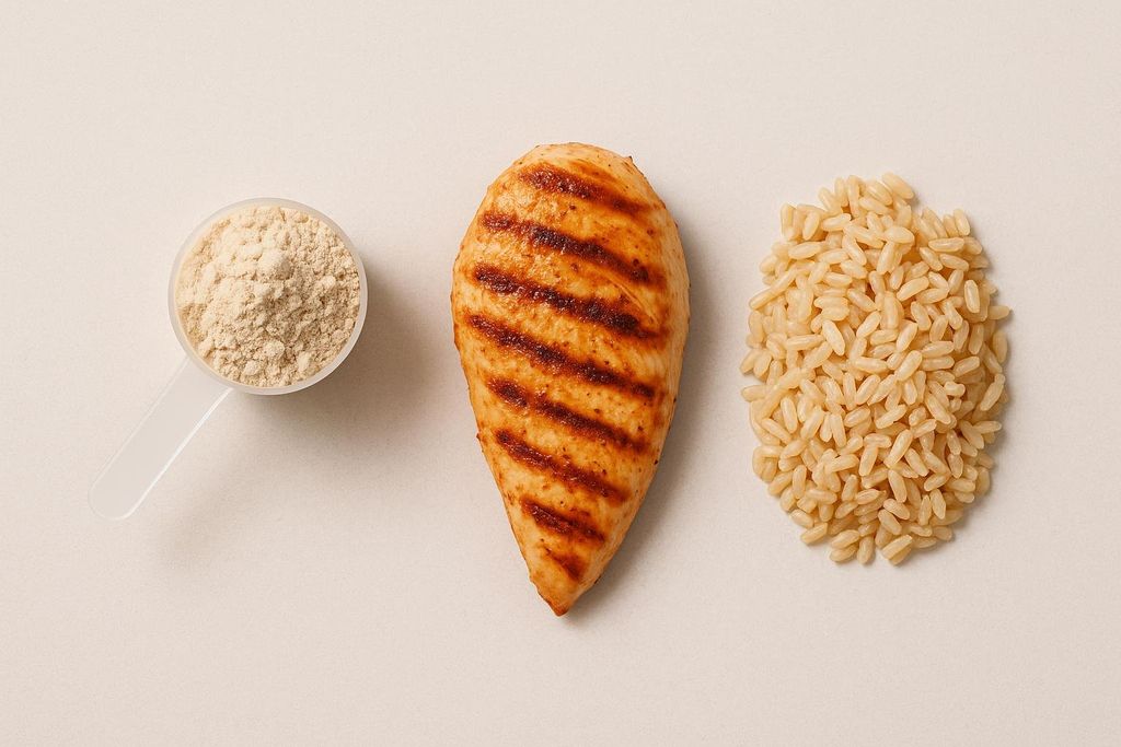 Flat lay image of a scoop of whey protein powder, a grilled chicken breast, and a pile of brown rice, showcasing key nutritional elements for muscle growth.