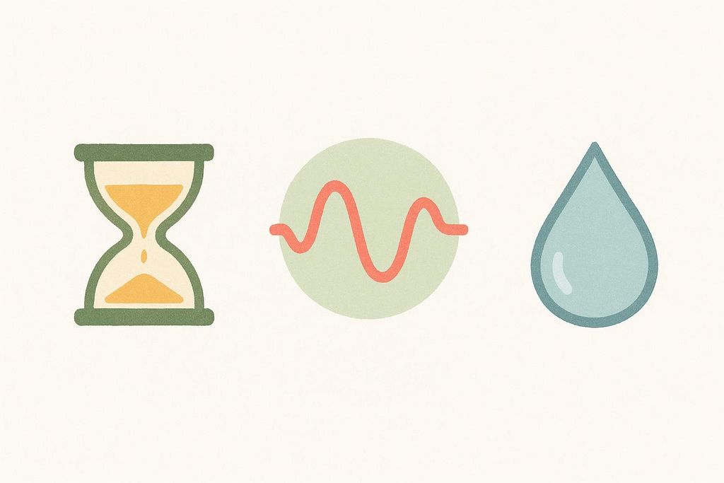 Three icons illustrating factors that affect abdominal visibility: an hourglass for age, a wavy line in a circle for hormones, and a water droplet for water retention.