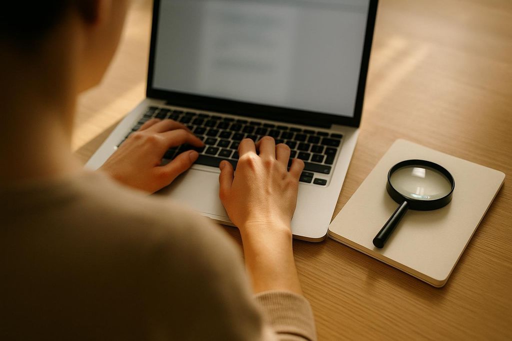 Overhead shot of a person's hands typing on a laptop keyboard, with a magnifying glass resting on a notebook next to the laptop on a wooden desk. The screen of the laptop is blank.