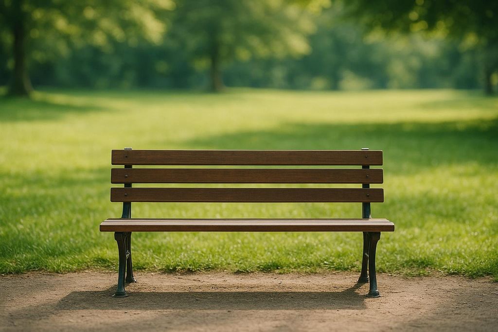 Empty park bench in a sunlit park, inviting relaxation and enjoyment of green space.