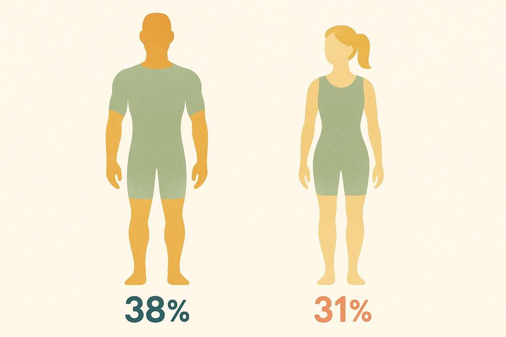 Illustration comparing a male and female silhouette, showing that males typically have 38% muscle mass and females 31%.