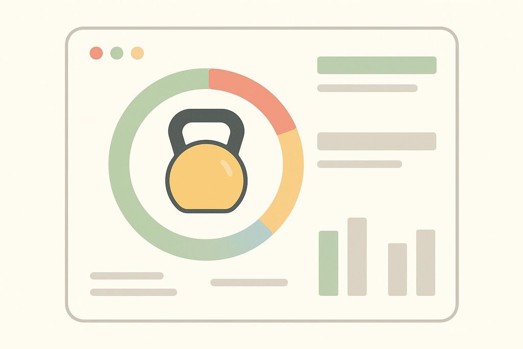 An illustration of a data dashboard featuring a large circular gauge with a kettlebell icon in the center. The gauge shows different colored segments. To the right are smaller data visualizations, including horizontal bars and a bar graph, all displayed within a browser-like window frame.