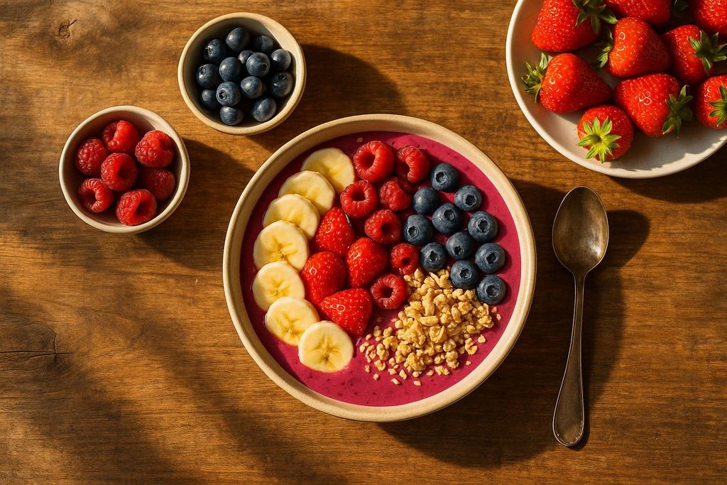 An overhead shot of a vibrant pink smoothie bowl topped with sliced bananas, strawberries, raspberries, blueberries, and granola. Next to the bowl are smaller bowls of blueberries and raspberries, a plate of fresh strawberries, and a spoon, all resting on a wooden table.