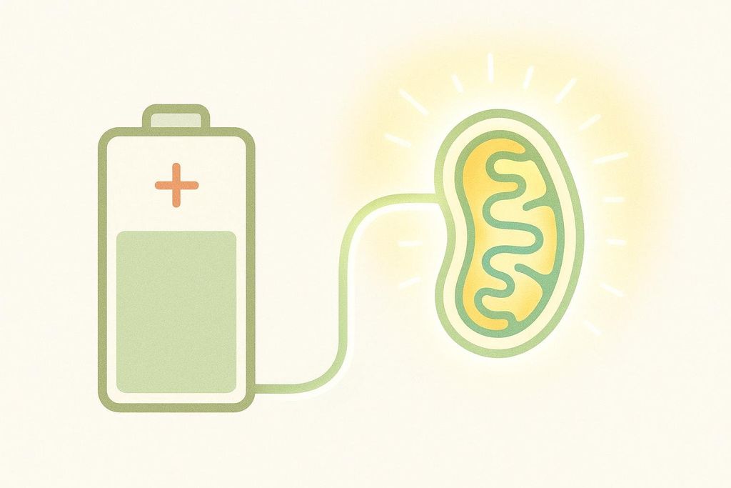An illustration symbolizing NAD as a battery charger supplying power to a cell's mitochondrion, which glows brightly.