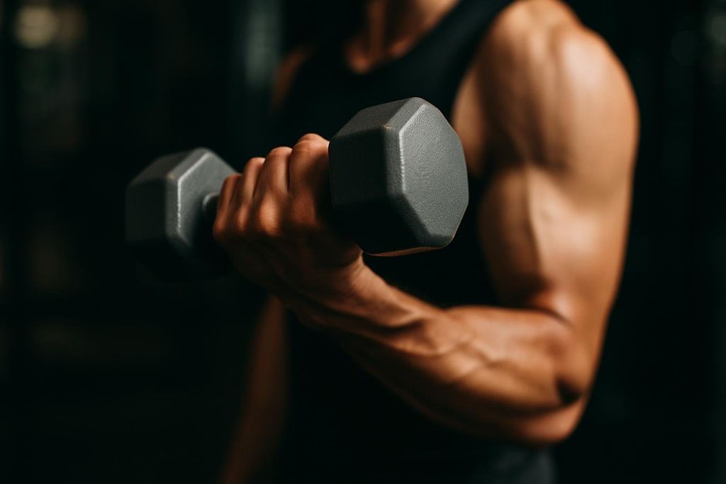 Close-up of a person's muscular arm and hand gripping a grey dumbbell while performing an exercise.