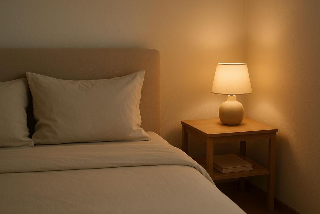 A tranquil and neat bedroom corner featuring a bed with light-colored bedding and a bedside table with a glowing lamp, casting a warm light against the walls. A book is visible on the lower shelf of the nightstand.