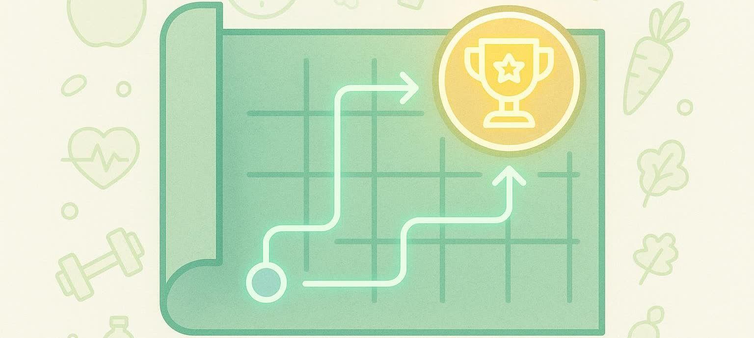 Stylized blueprint illustrating a strategic path to health and fitness goals with icons of exercise, nutrition, and health.
