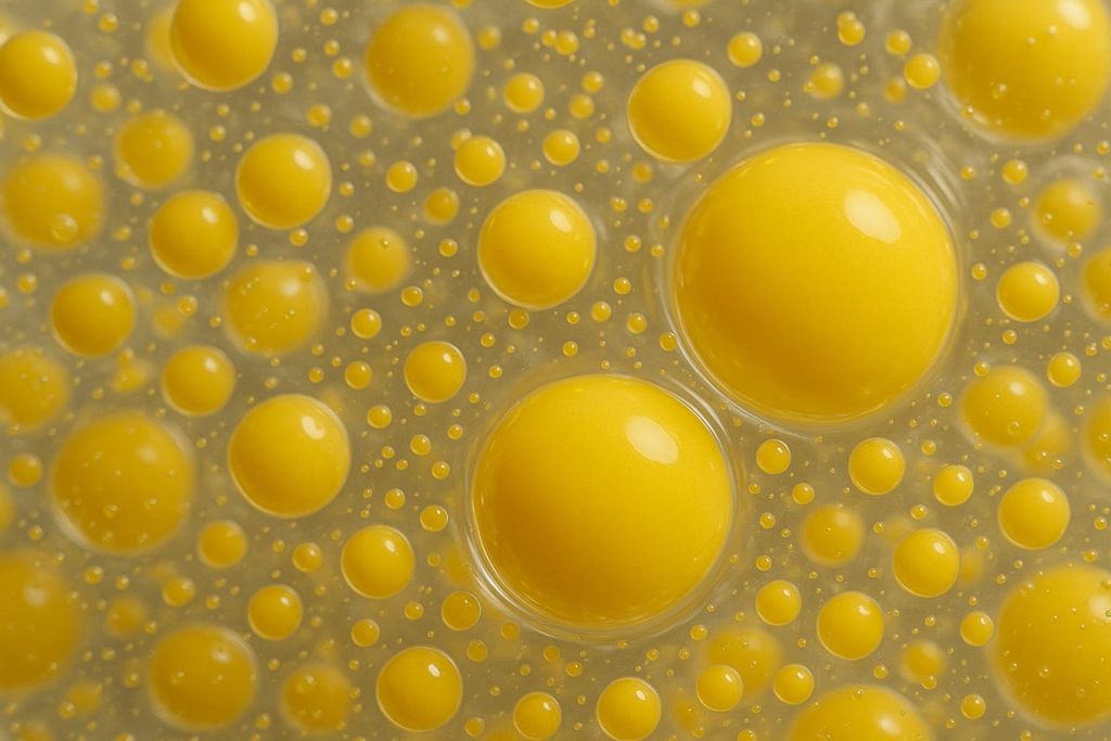 Macro shot of yellow waxy drops suspended in clear liquid