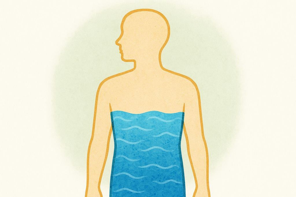 An illustration showing a human silhouette with blue water filling the torso up to chest level, representing internal water levels or hydration.