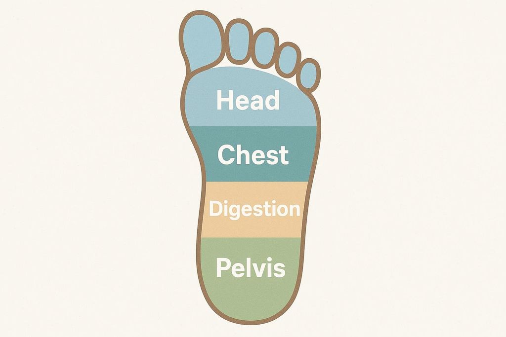 Foot diagram showing vertical zones for Head, Chest, Digestion, and Pelvis.