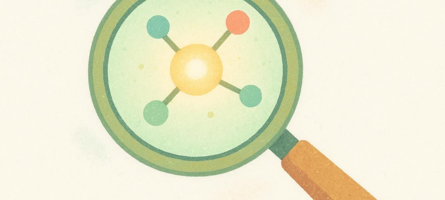 An illustration of a magnifying glass with a glowing abstract molecular model inside, featuring a central yellow sphere connected to four smaller spheres (two green, one blue, one red) by thin lines. The background is a light cream color with a subtle texture.