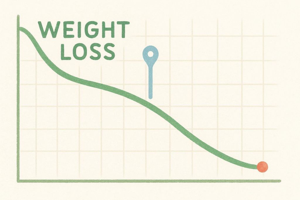 Illustration of a chart showing a downward sloping green line representing weight loss over time, labeled "WEIGHT LOSS". A blue marker is near the top of the curve and a red dot at the end.