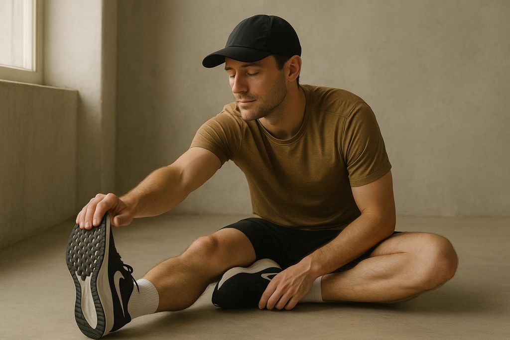 A man in a olive-brown t-shirt, black shorts, black cap, and athletic shoes sits on the floor and stretches his hamstring, touching his toes.
