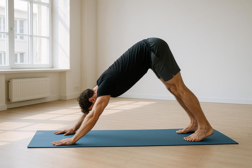 A man in black athletic wear is performing a downward-facing dog pose on a blue yoga mat. His hands and feet are flat on the mat, his back is straight, and his head is looking towards his feet. The room has light wooden floors and white walls with a large window in the background.