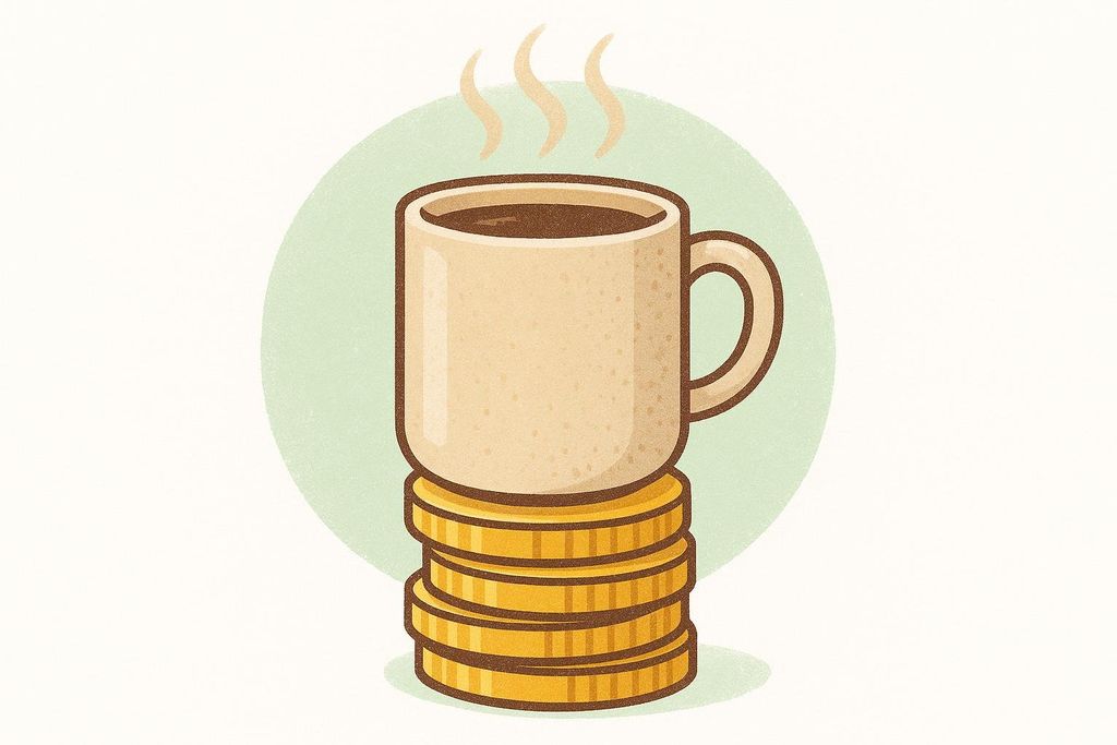 An illustration showing a steaming mug of coffee balancing on a stack of four gold coins, representing the cost of coffee.