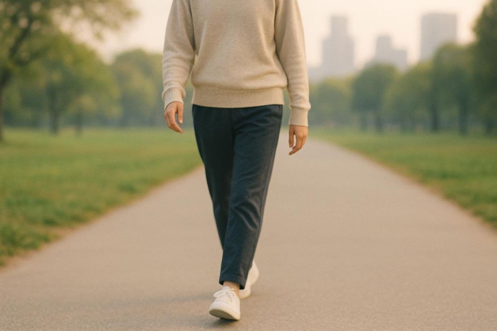 A person wearing a light-colored sweater, dark pants, and white sneakers, walking on a paved path through a green park. Soft focus trees and building silhouettes are visible in the background.