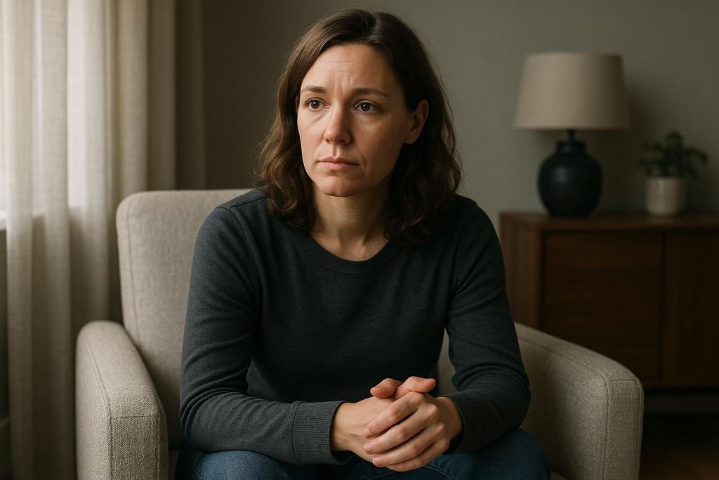 A serious, contemplative woman with dark hair in her late 30s sits in a chair, her hands clasped, looking into the distance with a concerned expression. She represents worries about possible premature ovarian insufficiency (POI).