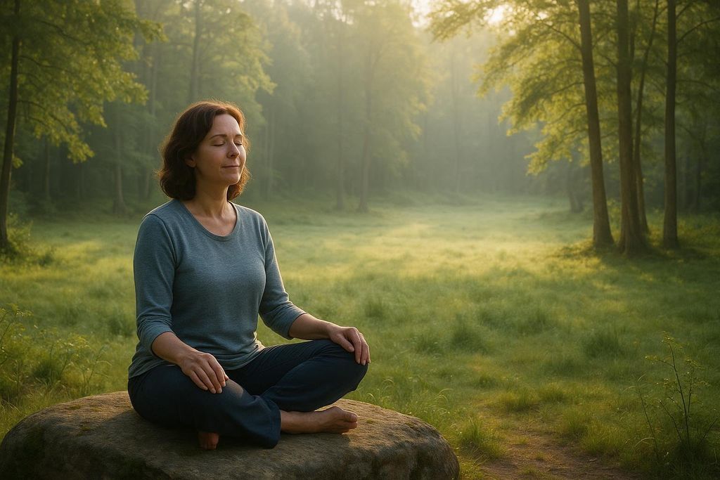 A serene woman with closed eyes meditates cross-legged on a rock in a mystical, sun-dappled forest, embodying peace and natural stress relief.