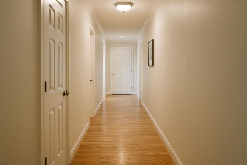 A long, empty hallway in a house with light tan walls, white trim, and polished light brown hardwood floors. White doors line both sides of the hallway, and a ceiling light illuminates the path forward.