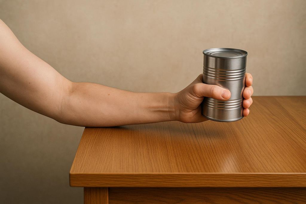 A person's forearm rests on a wooden table, with their hand holding a cylindrical silver can. The arm is positioned as if performing an eccentric exercise.