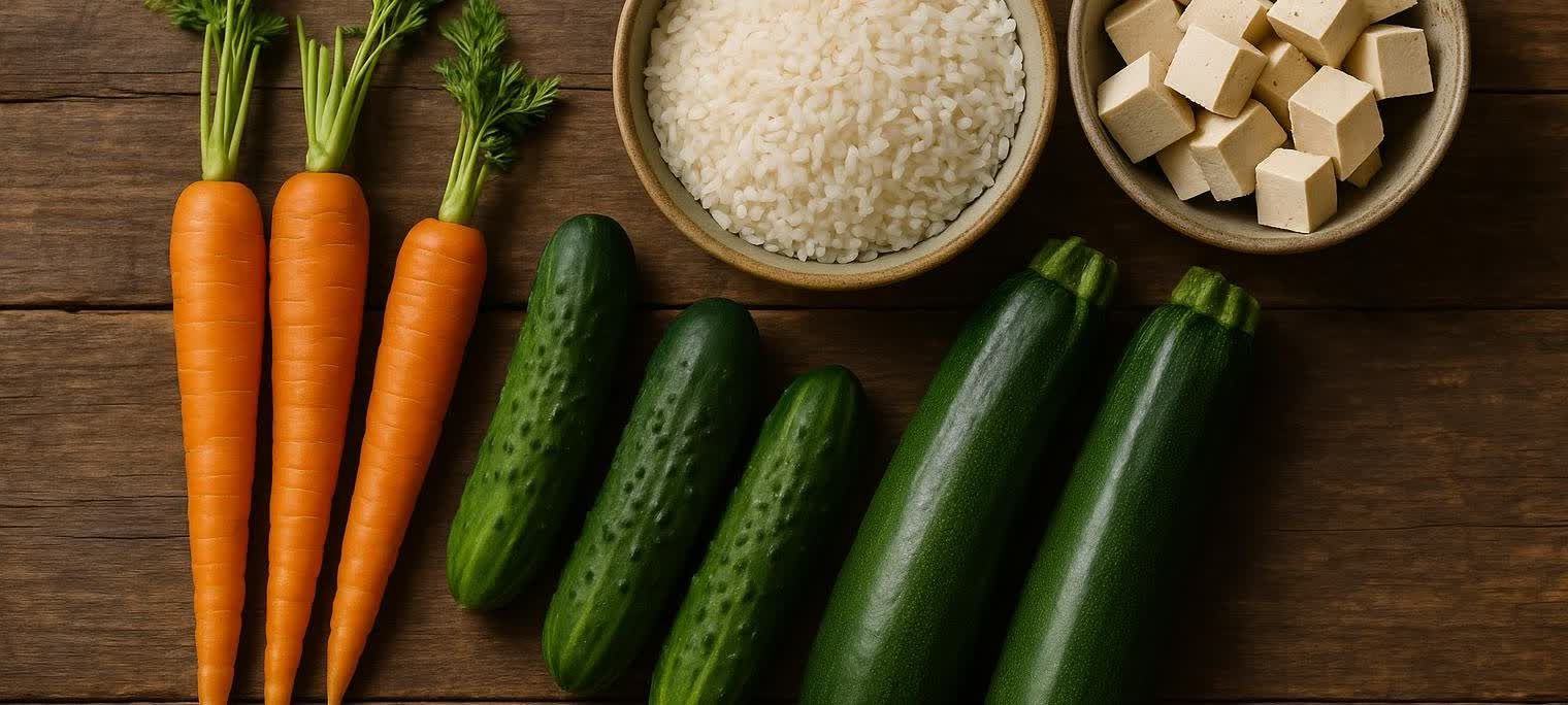 Overhead shot of assorted low-FODMAP ingredients on a wooden table including carrots, cucumbers, zucchini, rice, and tofu.