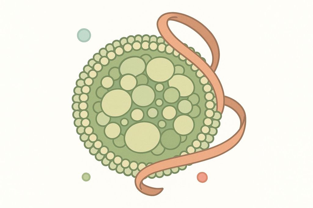 An illustration depicting a green, circular lipid sphere filled with various sized lighter green circles, surrounded by smaller, uniformly sized light green circles. A wavy, orange ribbon-like structure, possibly representing a protein strand, wraps around the sphere. Three small, isolated circles (two blue, one orange) are also present in the white background.