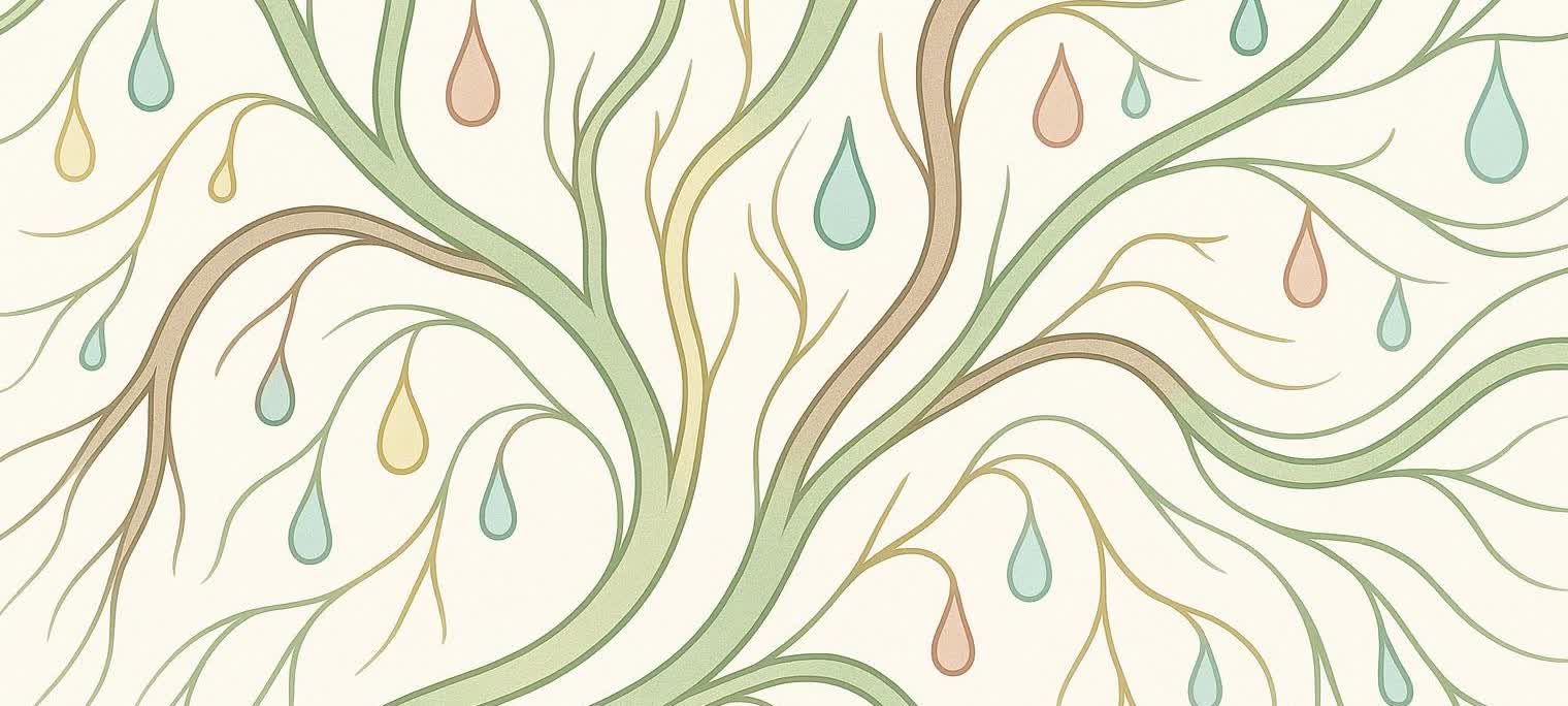 An abstract, stylized illustration of intertwining tree branches in various shades of green and brown on an off-white background. The branches have small, colorful teardrop-shaped leaves in yellow, light blue, and pinks. The overall style is reminiscent of a watercolor or woodcut print.