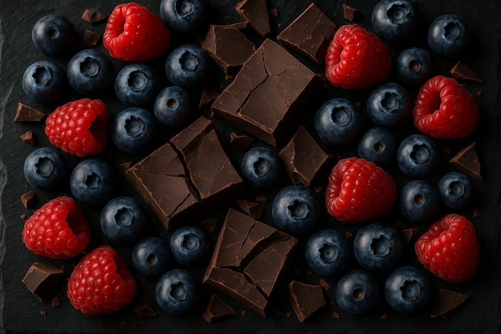 Close-up overhead shot of fresh red raspberries, dark blue blueberries, and irregular chunks of dark brown chocolate scattered across a dark gray slate surface.