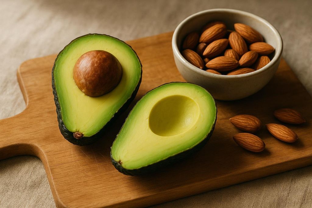 A photograph showing an avocado cut in half, with one half retaining its pit, and a bowl of almonds, all arranged on a wooden cutting board. Additional almonds are scattered on the board next to the avocado. The items represent healthy monounsaturated fats.