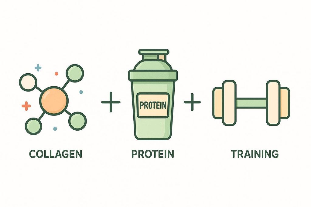 An image illustrating a formula for muscle growth and recovery. It shows an icon for collagen (a molecule), plus an icon for protein (a protein shake bottle), plus an icon for training (a dumbbell).