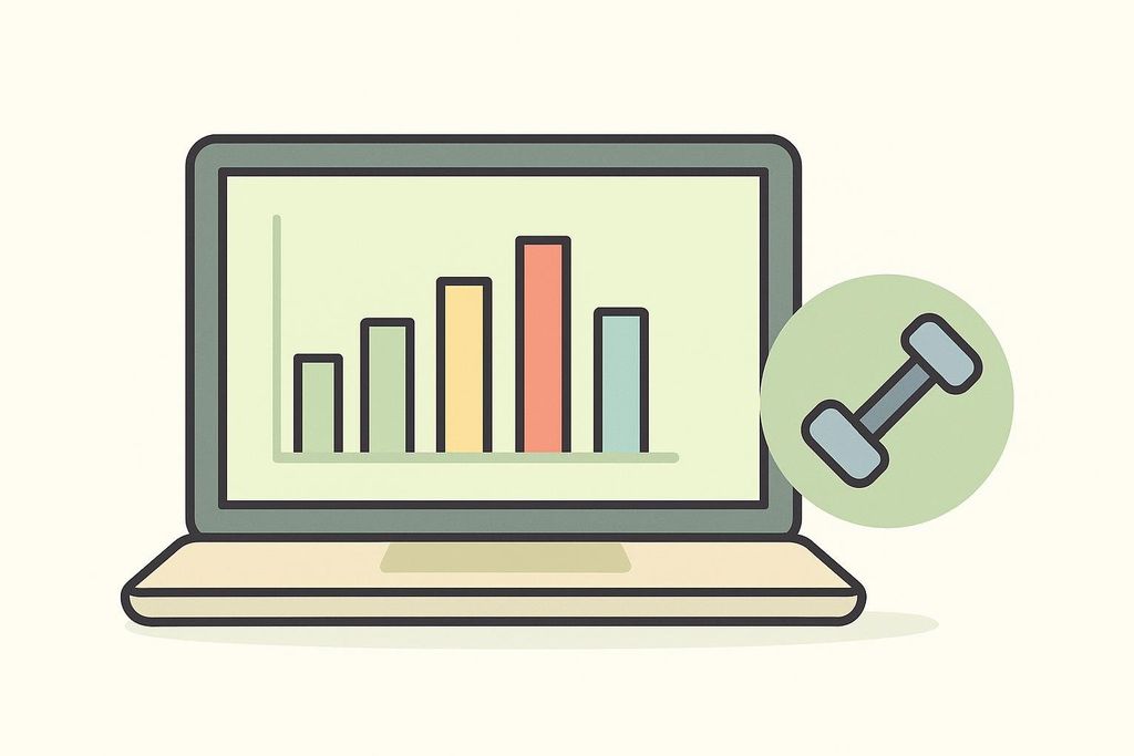 A laptop displaying a bar chart with colorful bars on its screen, next to which is a green circle containing a dumbbell icon.