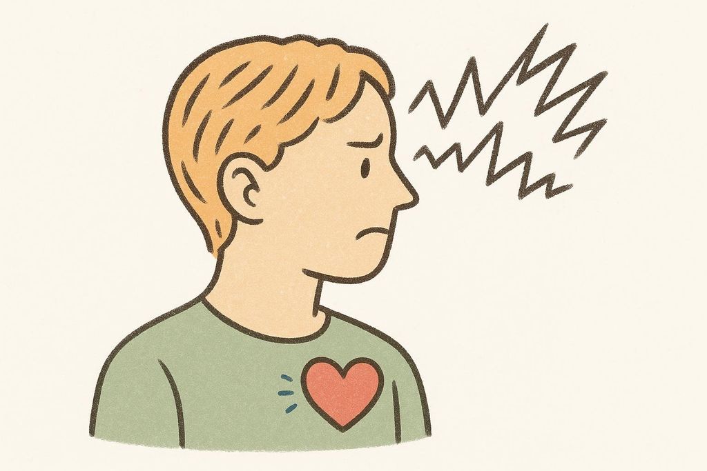 An illustration showing stimulant side effects, including jitteriness and a rapid heartbeat. A person appears anxious with zigzag lines near their head and a pulsing heart on their chest.
