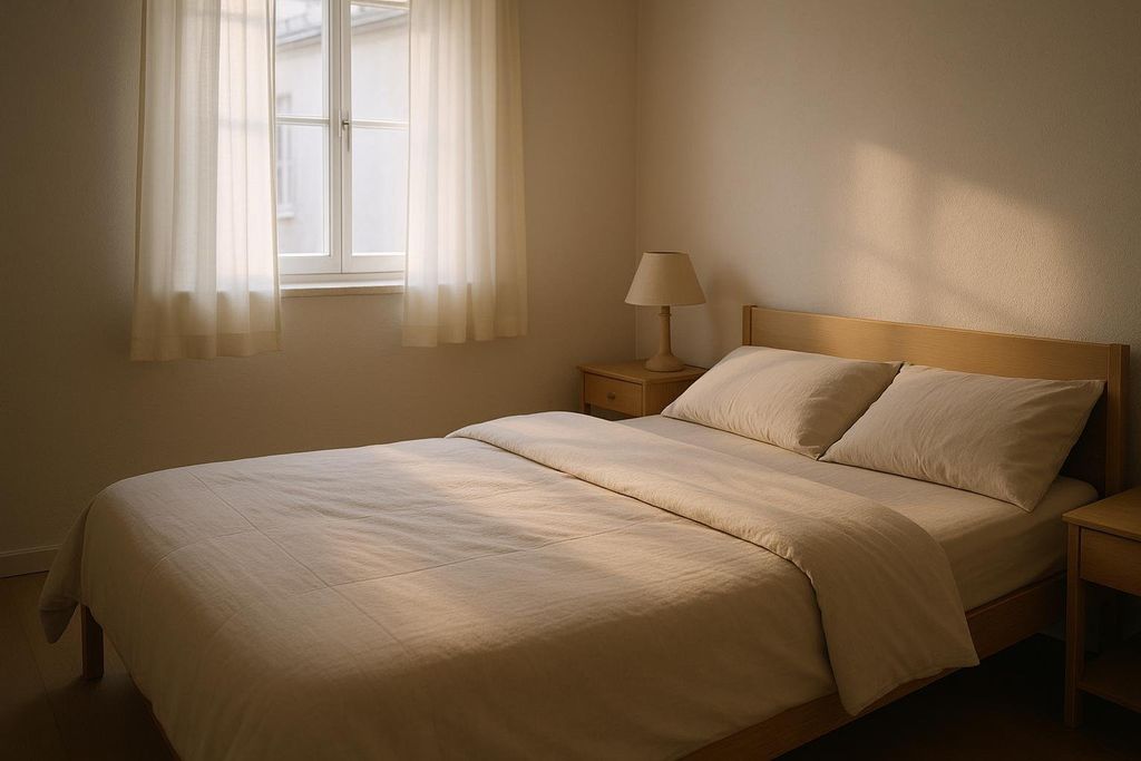 A serene bedroom with a neatly made bed bathed in warm sunlight. The room has light-colored walls and a window with sheer curtains.