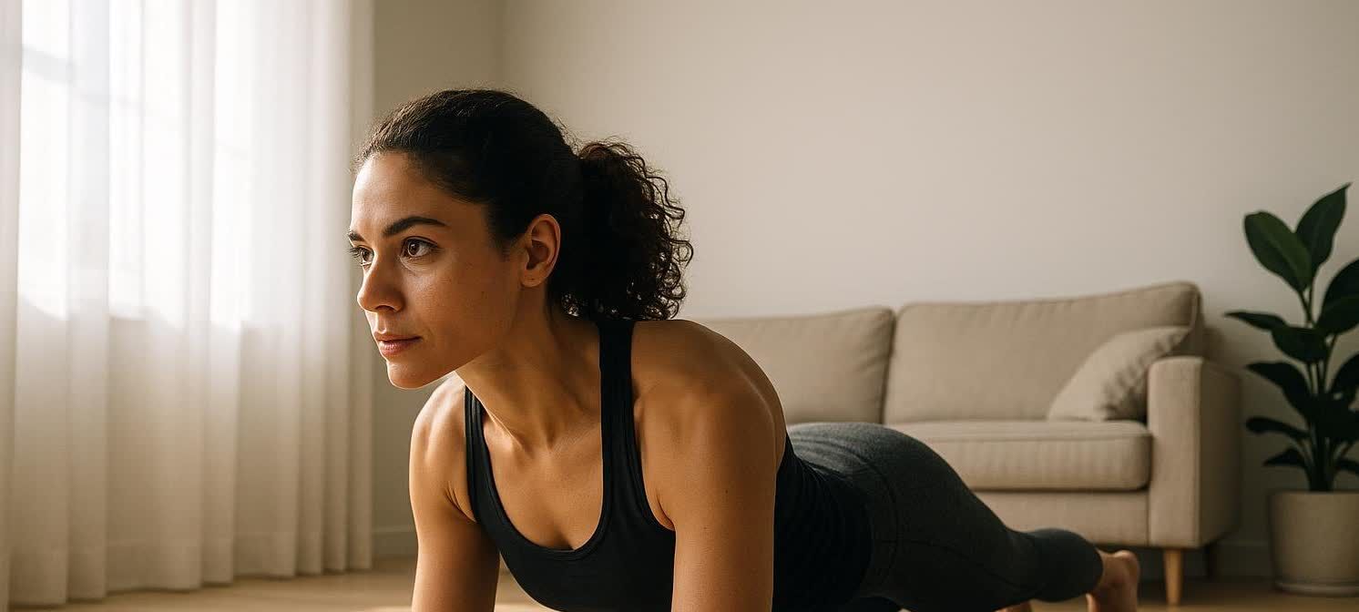 A woman with curly brown hair in a ponytail performs a plank on a yoga mat in a sunny living room. She is wearing a black sports bra and grey leggings, demonstrating good form for an at-home ab workout. A beige couch and a houseplant are visible in the background.