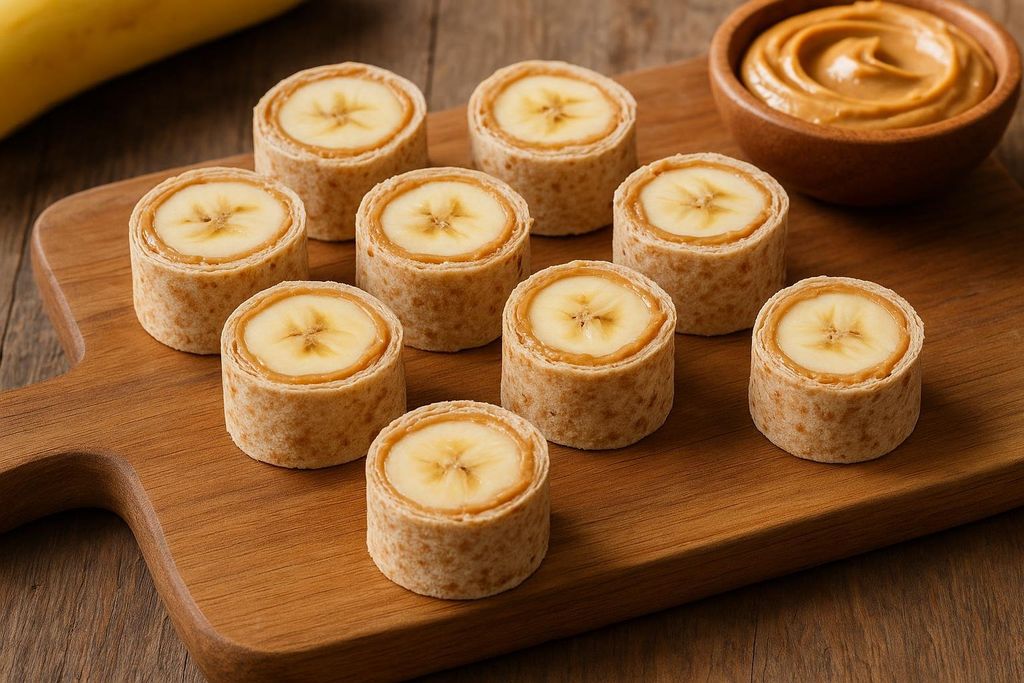 Banana and peanut butter tortilla rolls sliced like sushi, neatly arranged on a wooden cutting board with a small bowl of peanut butter in the background.