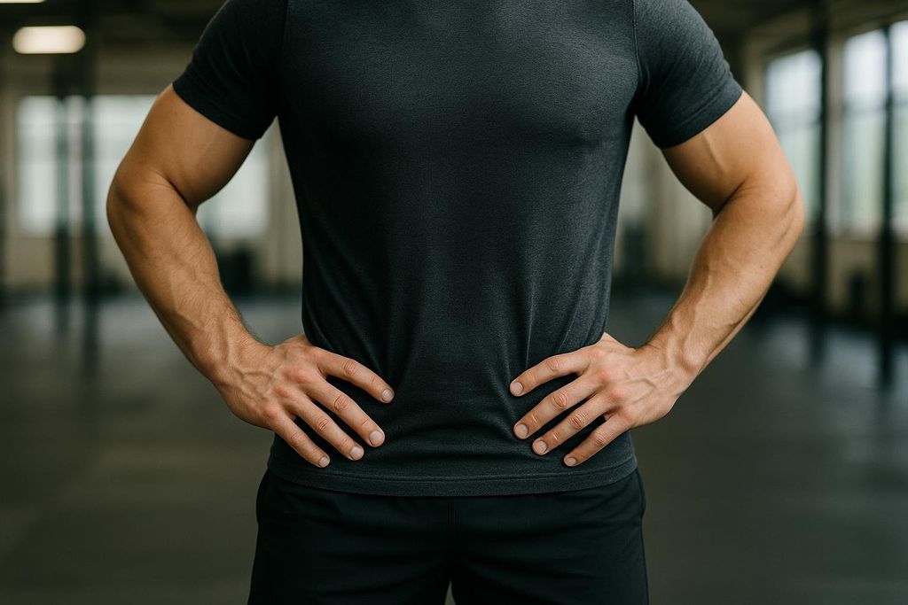 Close-up of a fit man in a dark grey t-shirt and black shorts, standing with his hands firmly placed on his hips, indicating proper upright posture during a workout in a gym setting.