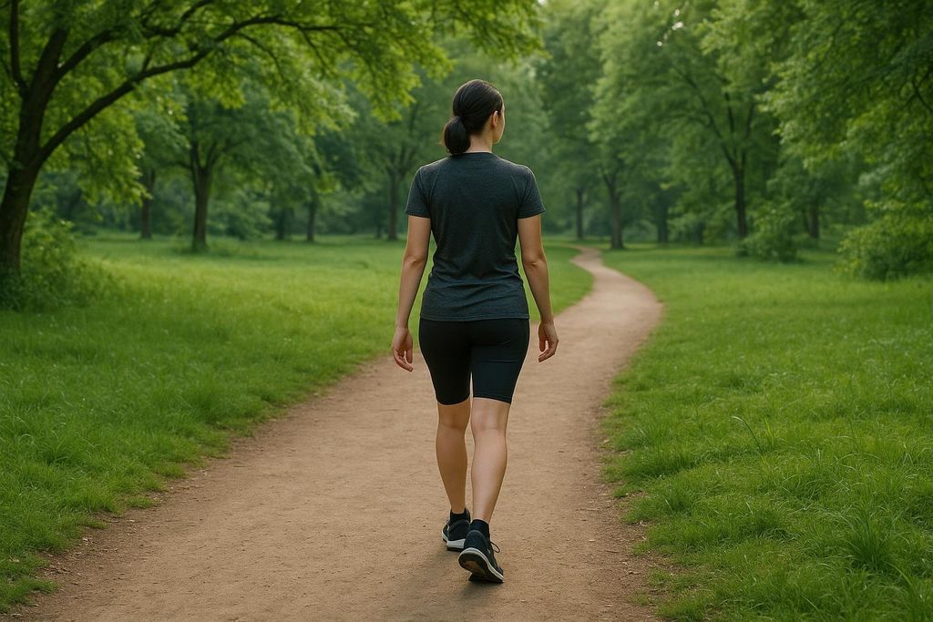 A woman from behind, wearing a gray t-shirt and black shorts, walks along a winding dirt path through a green park with lush trees.