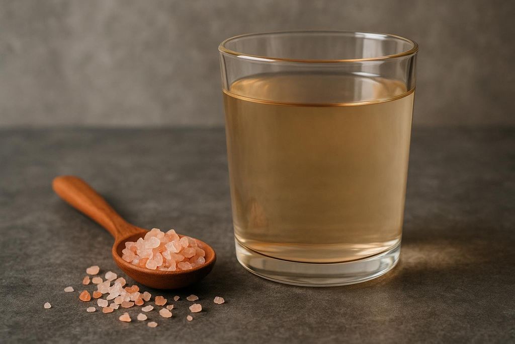 A clear glass filled with amber-colored liquid stands next to a wooden spoon heaped with pink Himalayan salt crystals, with some crystals scattered on the dark gray surface around the spoon. The water and salt are presented as a potential source of electrolytes.