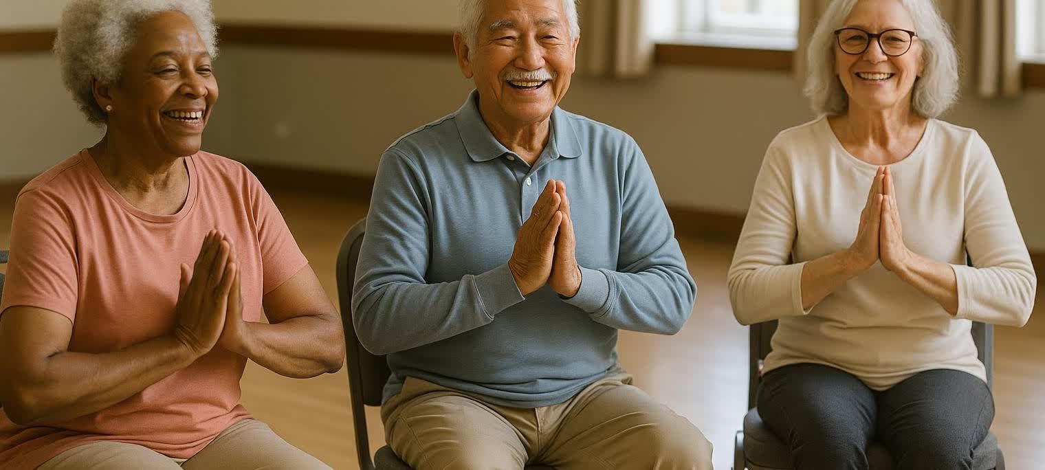 A diverse group of three smiling seniors sitting on chairs, performing a yoga pose with hands pressed together in a prayer position. The people are laughing and happy. The woman on the left has grey hair and is wearing a peach shirt. The man in the middle has a white mustache and is wearing a blue polo shirt. The woman on the right has grey hair, glasses and is wearing a white long-sleeve shirt.