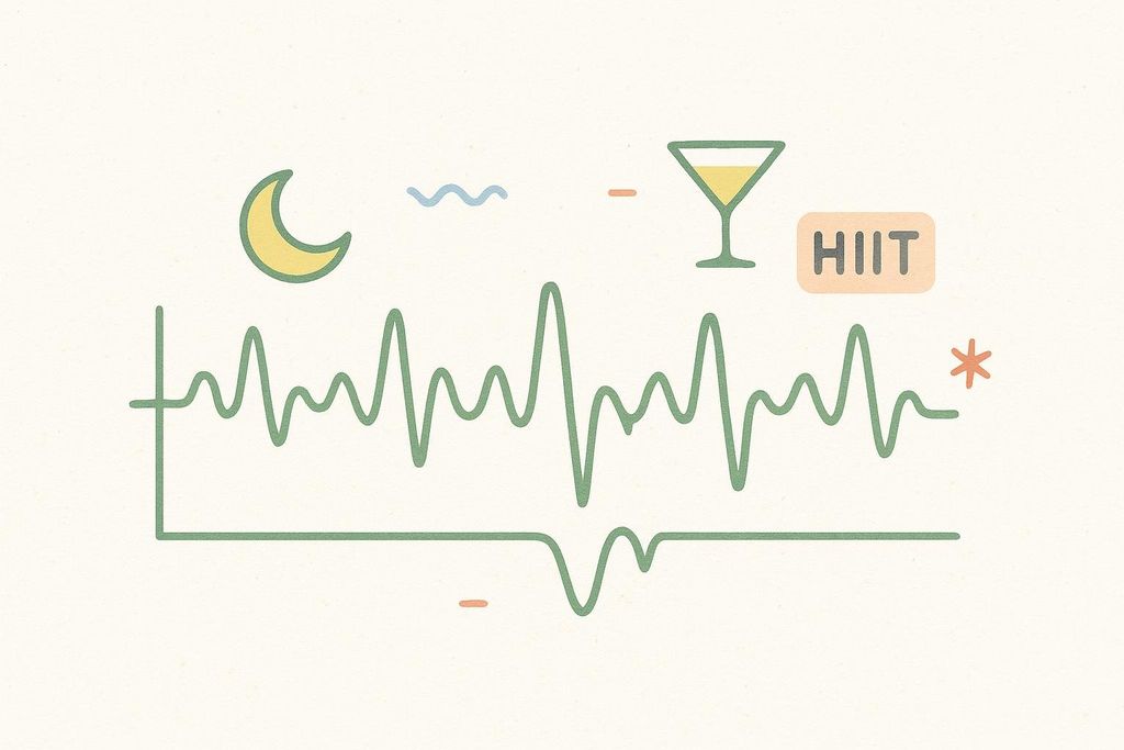 A stylized heart rate variability graph is shown the subtle disturbances caused by icons representing sleep, alcohol, and late-day HIIT.