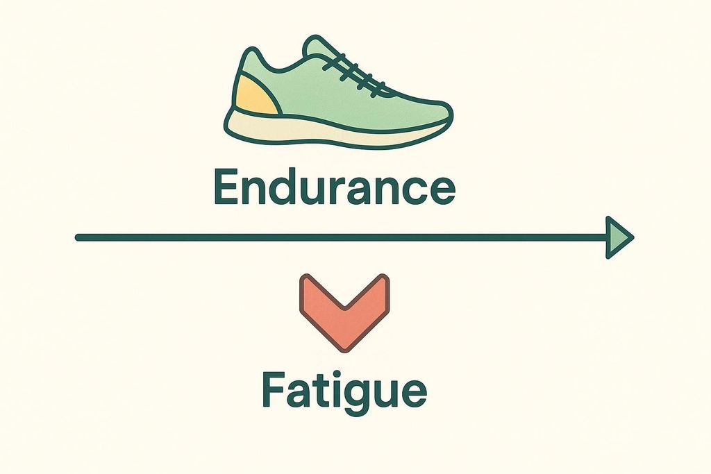 A timeline diagram showing the relationship between endurance and fatigue. An upward-pointing arrow originating from the word 'Endurance' and a running shoe, pointing right, represents increasing endurance. A downward-pointing arrow under the word 'Fatigue' indicates decreasing fatigue.