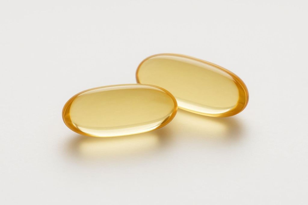 A close-up image of two golden yellow fish oil capsules, subtly reflecting light on a light background. These oval softgels represent an omega-3 supplement.