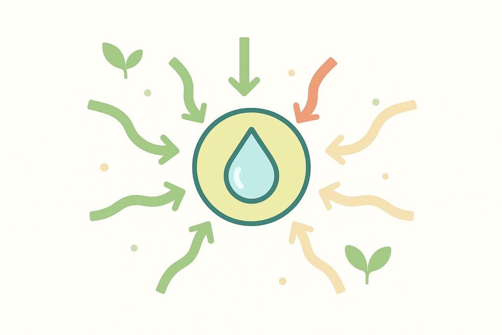 An abstract illustration depicting water conservation or sustainability. A central water droplet icon is surrounded by various colored wavy arrows pointing towards it, suggesting absorption or retention, with small plant sprouts in the background.