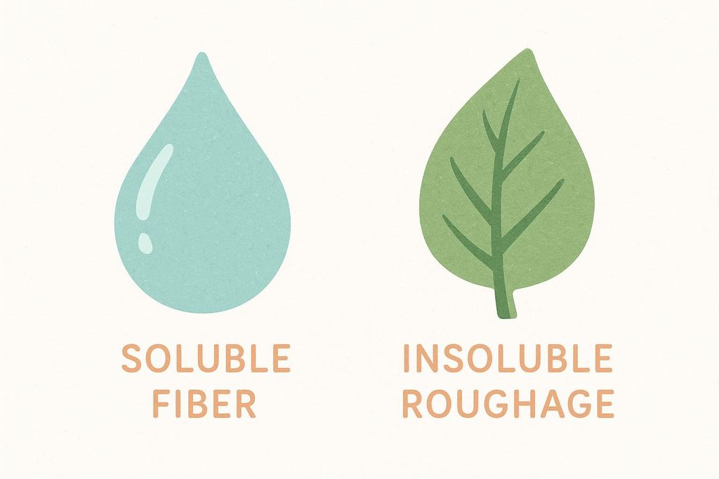 An illustration comparing soluble fiber as a light blue water droplet with 'SOLUBLE FIBER' written below it, and insoluble roughage as a green leaf with 'INSOLUBLE ROUGHAGE' written below it. The background is a light, textured off-white.